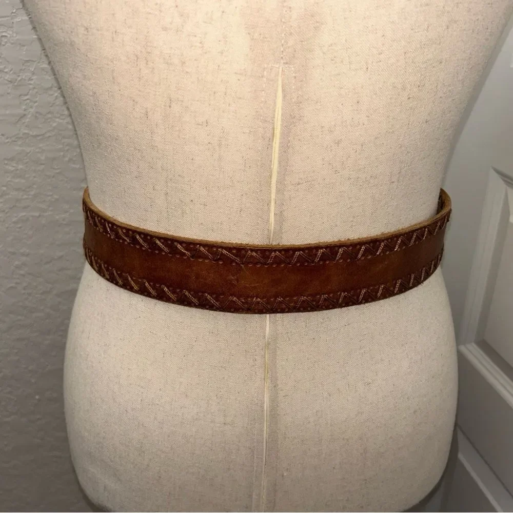 Another Line Tooled Leather Buckle Statement Belt